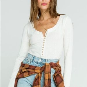 Free People Cream Long Sleeve Henley Bodysuit